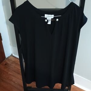 Carmen Marc Valvo Black V-Neck Cap Sleeve Relaxed Blouse